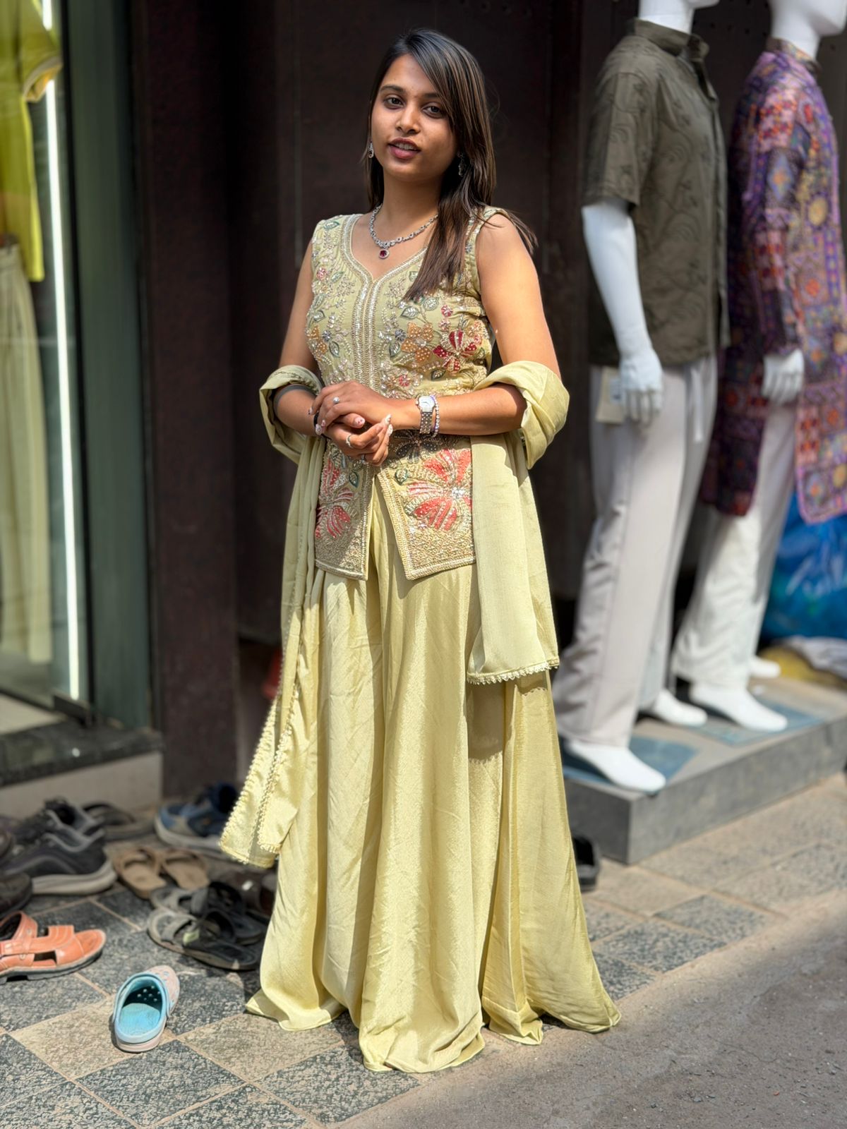 Pastel Embroidered Kurta Set with Dupatta & Flowy Skirt for Women