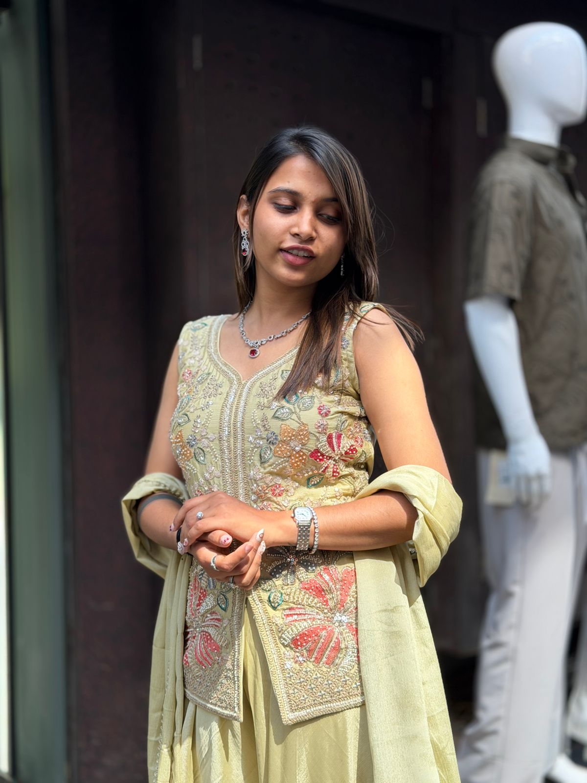 Pastel Embroidered Kurta Set with Dupatta & Flowy Skirt for Women