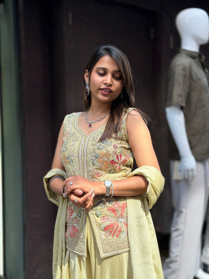 Pastel Embroidered Kurta Set with Dupatta & Flowy Skirt for Women