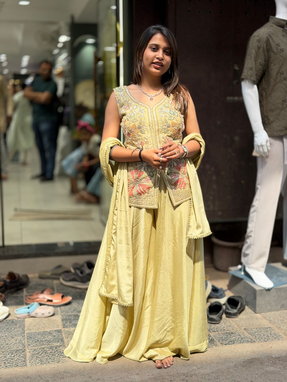 Pastel Embroidered Kurta Set with Dupatta & Flowy Skirt for Women