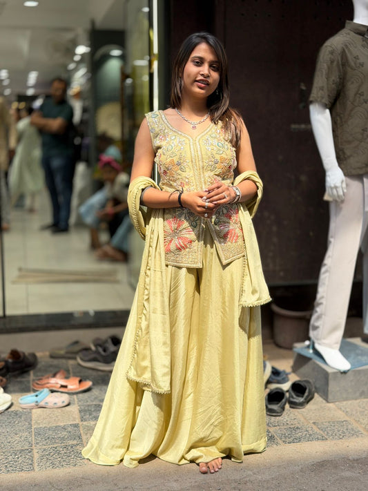 Pastel Embroidered Kurta Set with Dupatta & Flowy Skirt for Women