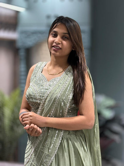 Elegant Sage  Draped Lehenga Set with Sequins Work