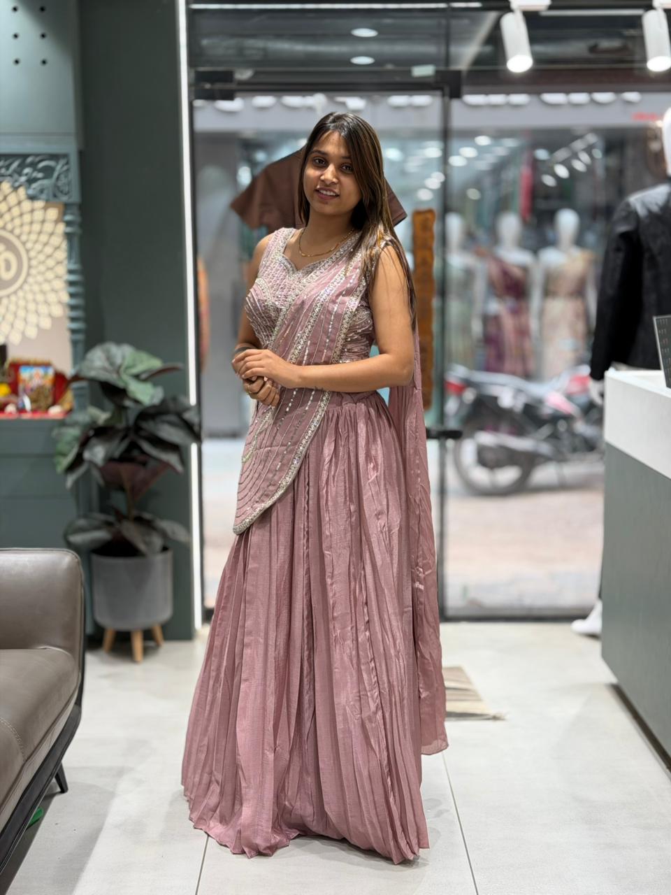 Elegant Sage  Draped Lehenga Set with Sequins Work