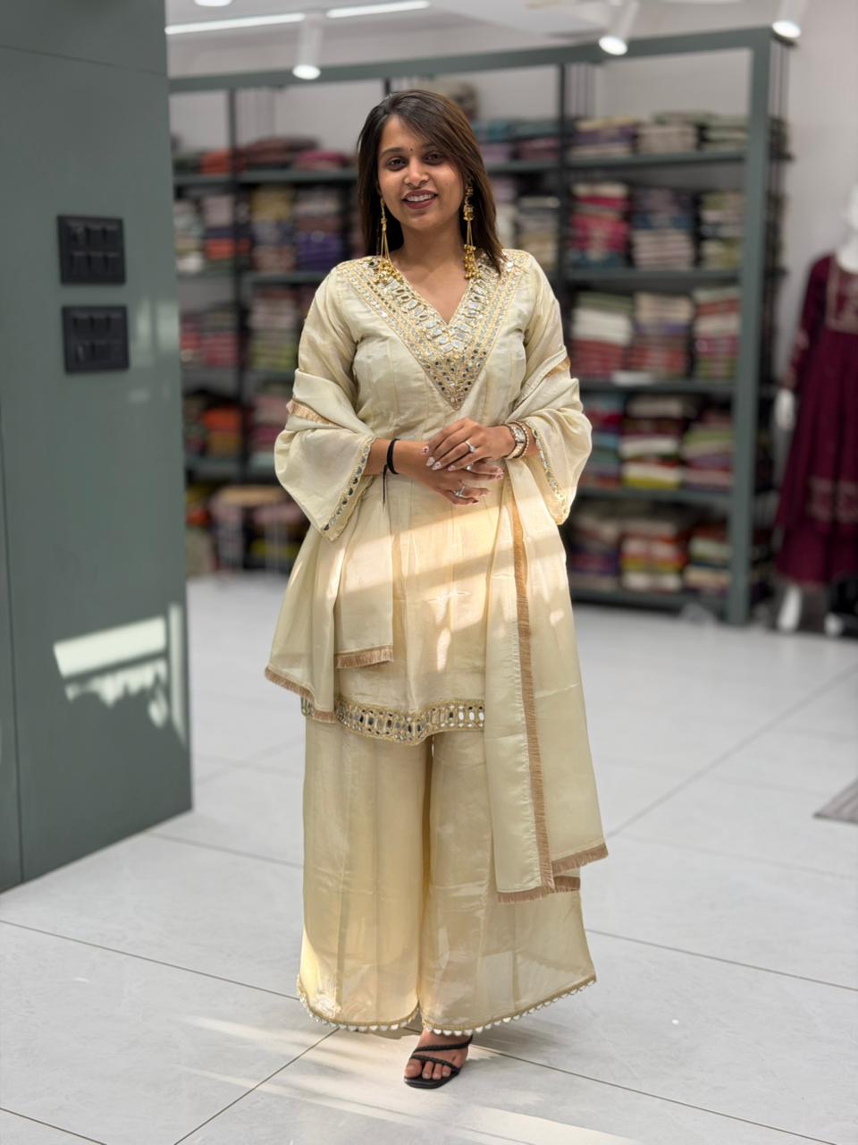 Mirror Work Kurta Palazzo Set with Dupatta – Elegant Festive Wear