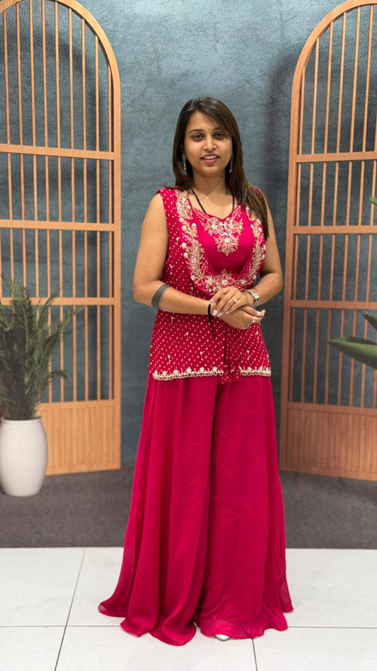 Rust Embroidered Indo-Western Palazzo Set with Jacket – Festive Fusion Wear