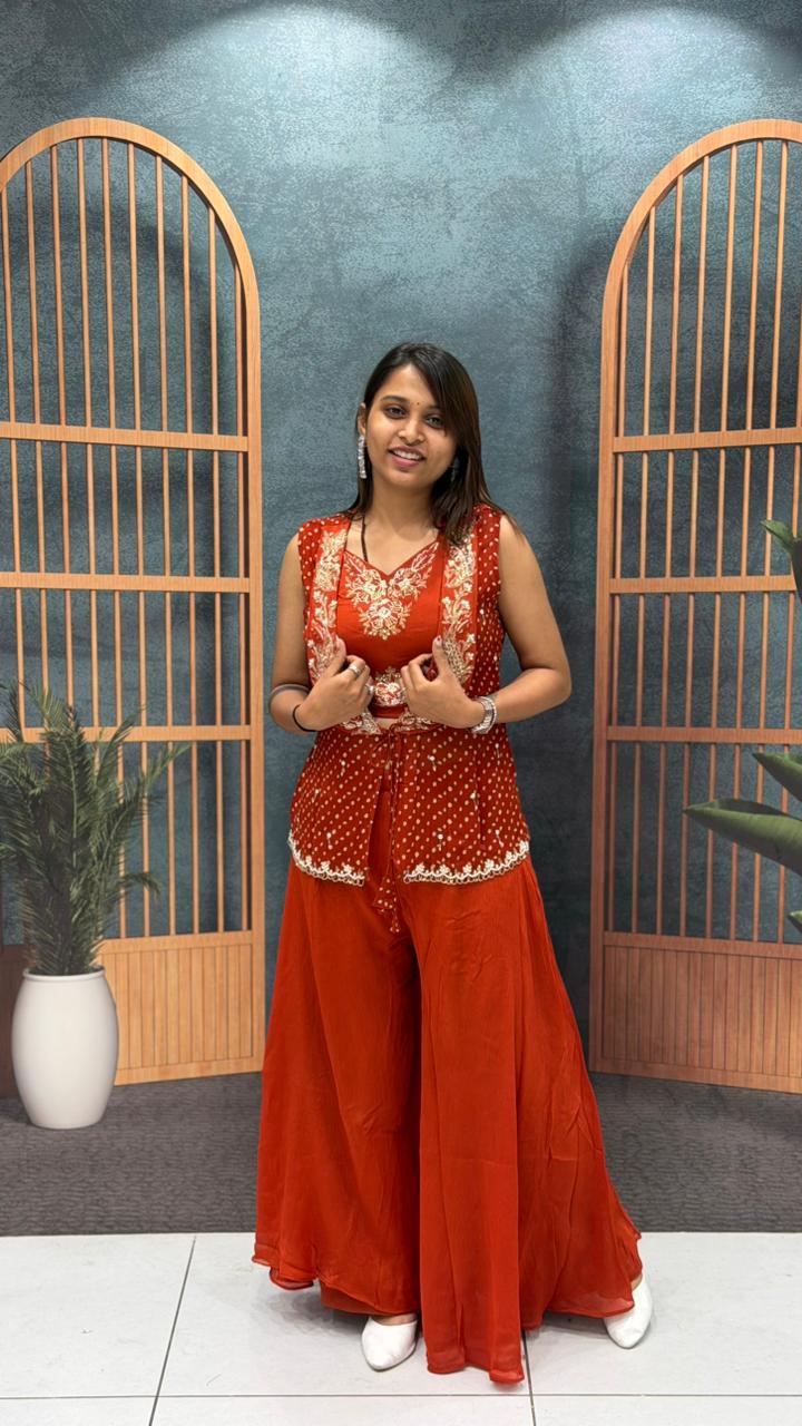 SHAGUN FASHION Rust Embroidered Indo-Western Palazzo Set with Jacket – Festive Fusion Wear