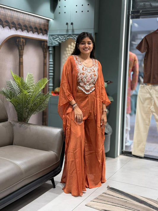 Rust Embroidered Co-Ord Set with Cape Jacket & Flowy Pants