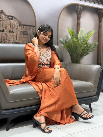 Rust Embroidered Co-Ord Set with Cape Jacket & Flowy Pants