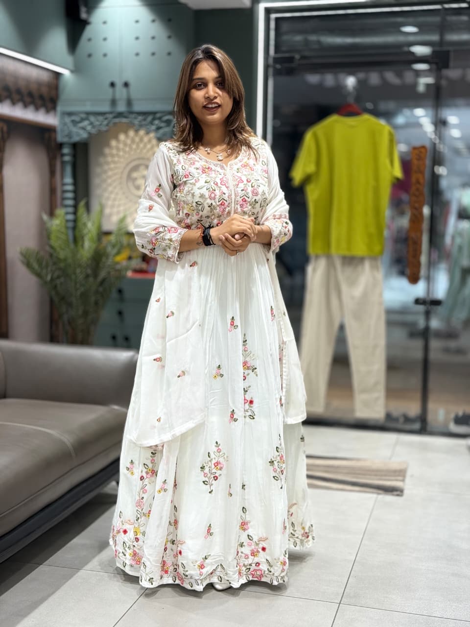 SHAGUN FASHION Lime Floral Embroidered Anarkali Set with Dupatta