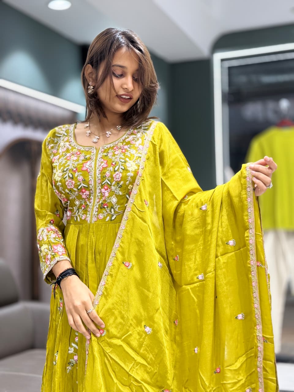 SHAGUN FASHION Lime Floral Embroidered Anarkali Set with Dupatta