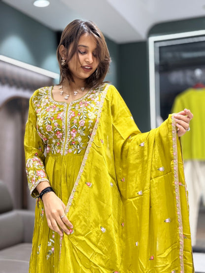 SHAGUN FASHION Lime Floral Embroidered Anarkali Set with Dupatta