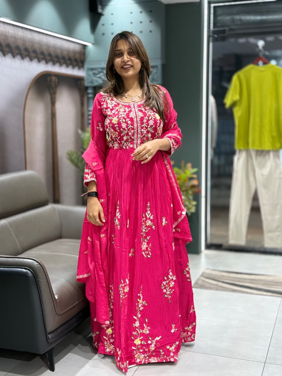 SHAGUN FASHION Lime Floral Embroidered Anarkali Set with Dupatta