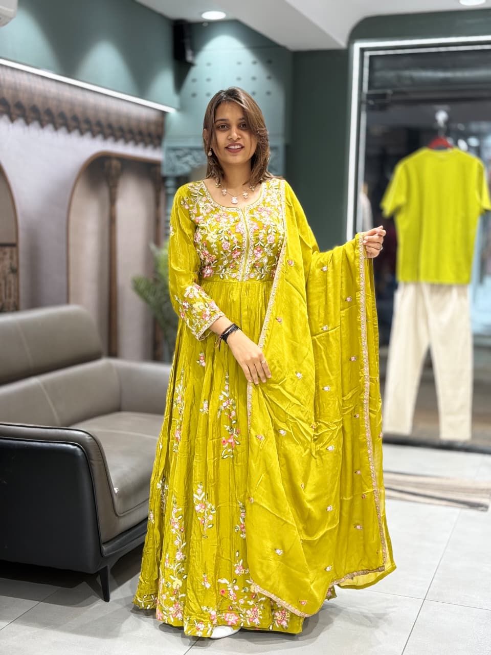 SHAGUN FASHION Lime Floral Embroidered Anarkali Set with Dupatta