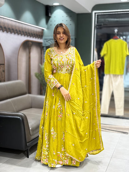 SHAGUN FASHION Lime Floral Embroidered Anarkali Set with Dupatta