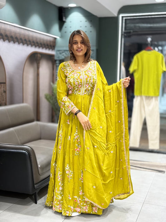 SHAGUN FASHION Lime Floral Embroidered Anarkali Set with Dupatta