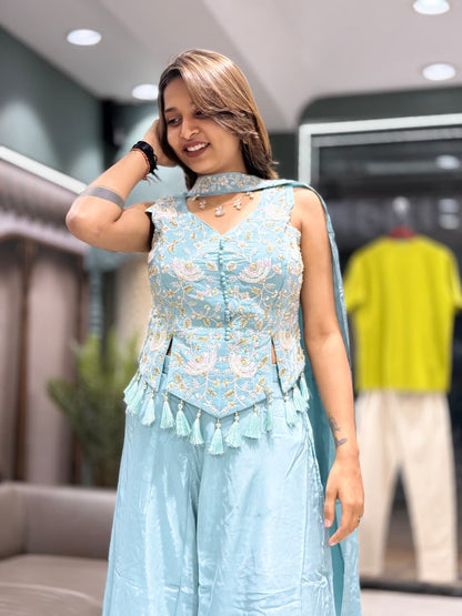 SHAGUN FASHION Embroidered Indo-Western Co-ord Set with Tassel Detail & Dupatta