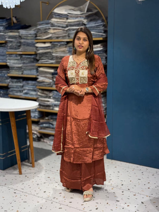 SHAGUN FASHIONSilk Kurta Set with Intricate Embroidered Yoke & Dupatta