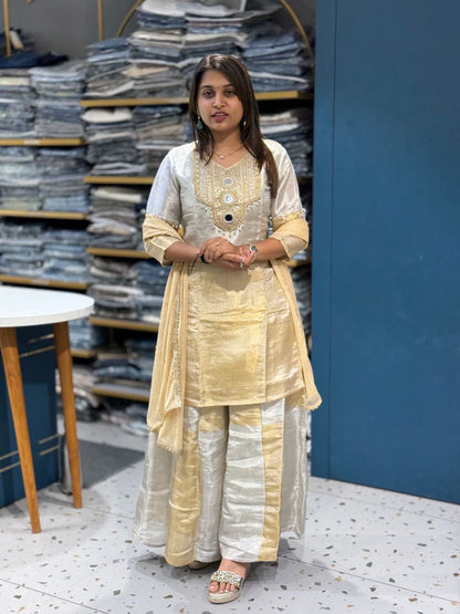 SHAGUN FASHION Ivory Silk Kurta Set with Mirror Embroidered Yoke & Dupatta