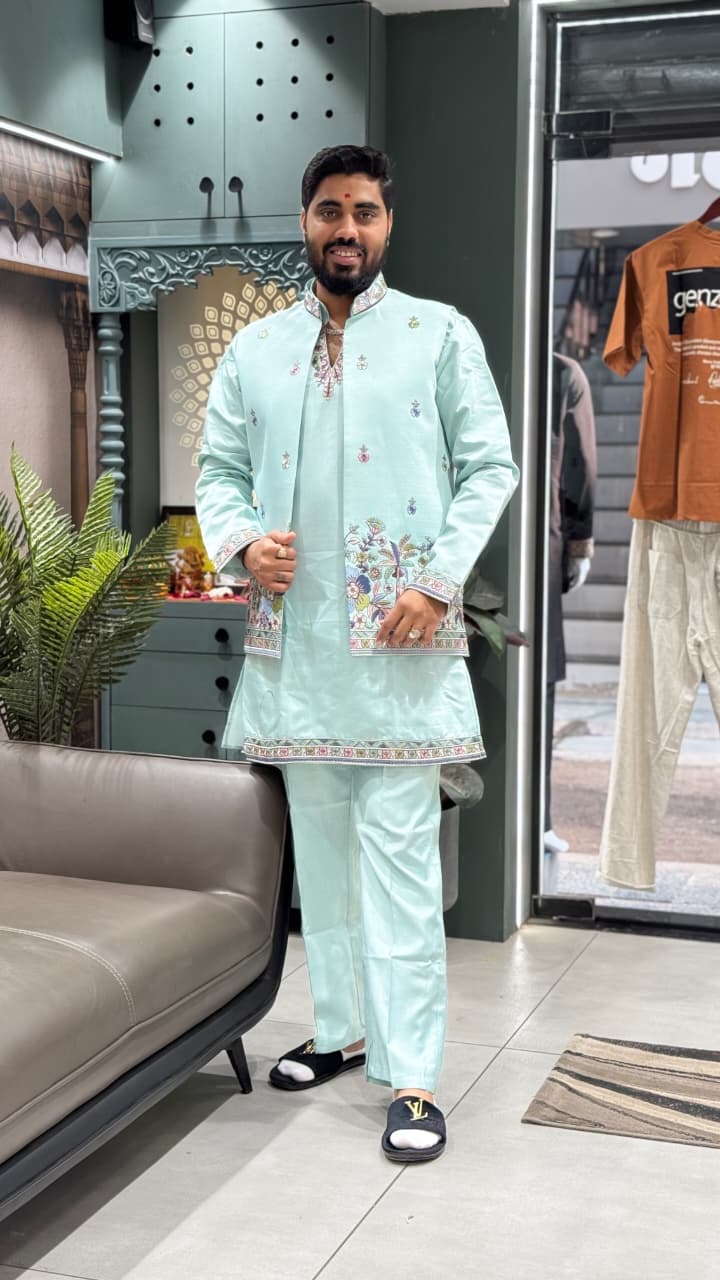 SHAGUN FASHION Men’s Designer Kurta Set with Embroidered Jacket – Festive & Wedding Wear