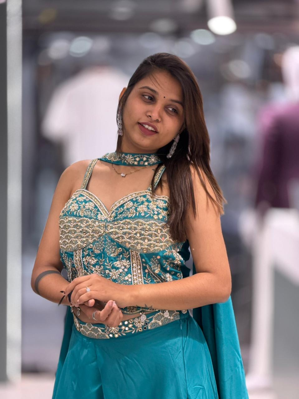 Women’s Embroidered Crop Top with Flared Palazzo & Dupatta Set – Festive & Party Wear