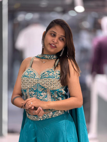 Women’s Embroidered Crop Top with Flared Palazzo & Dupatta Set – Festive & Party Wear