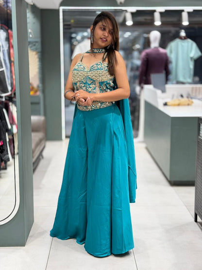Women’s Embroidered Crop Top with Flared Palazzo & Dupatta Set – Festive & Party Wear