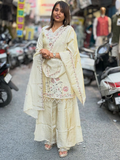 SHAGUN FASHION Champagne Silk Embroidered Kurta Set with Dupatta & Sharara
