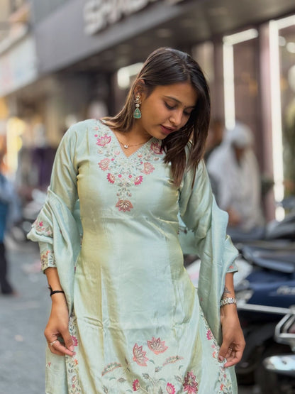 SHAGUN FASHION Champagne Silk Embroidered Kurta Set with Dupatta & Sharara
