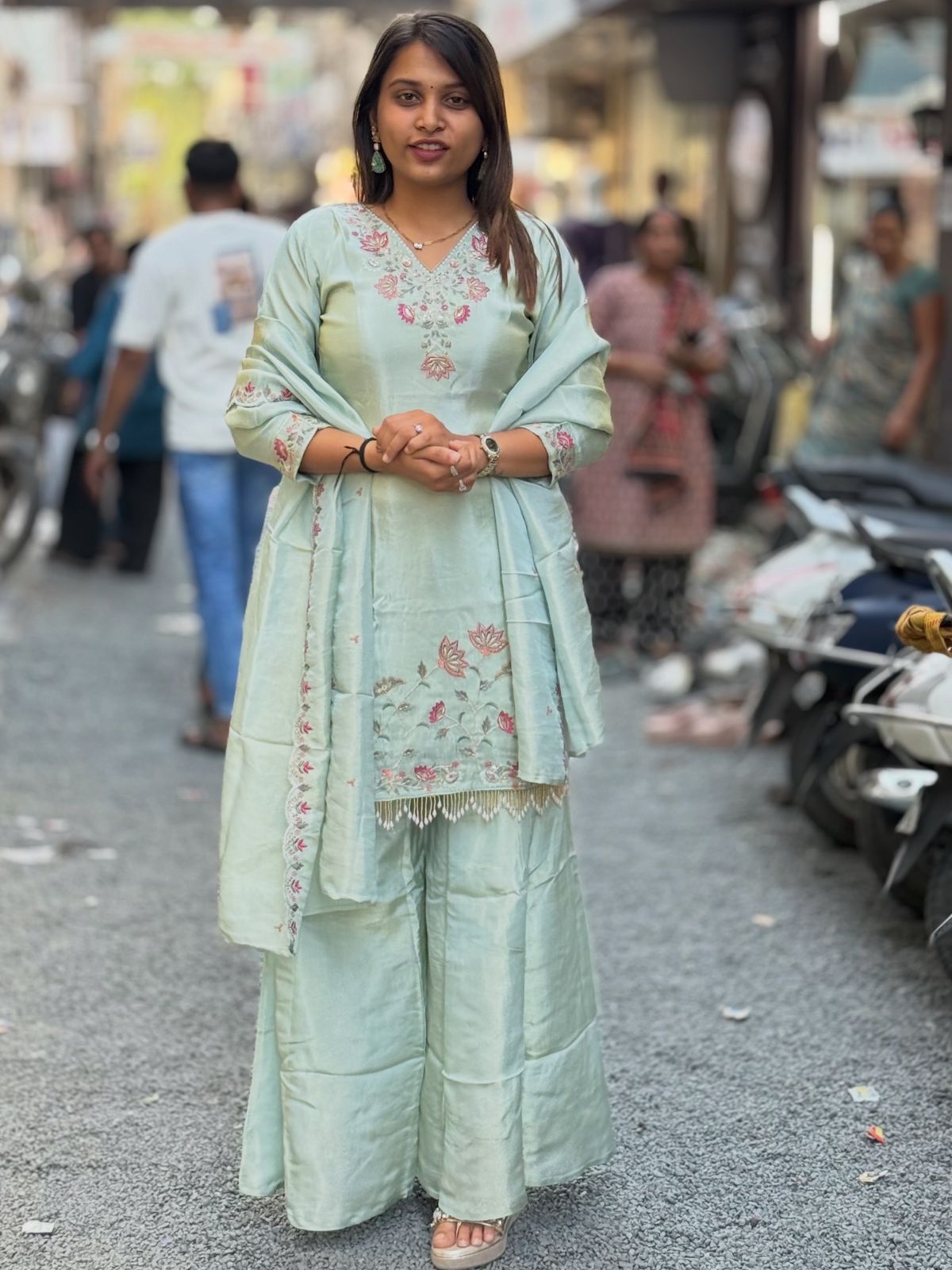 SHAGUN FASHION Champagne Silk Embroidered Kurta Set with Dupatta & Sharara