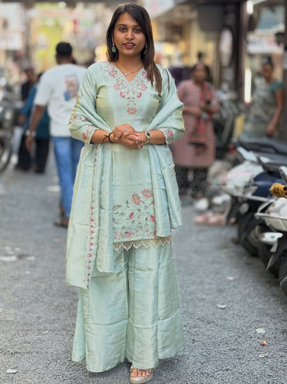 SHAGUN FASHION Champagne Silk Embroidered Kurta Set with Dupatta & Sharara