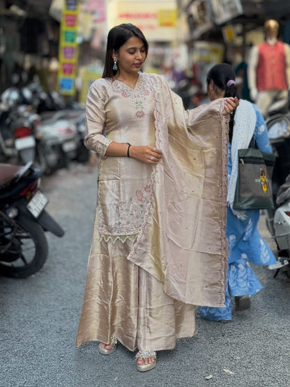 SHAGUN FASHION Champagne Silk Embroidered Kurta Set with Dupatta & Sharara