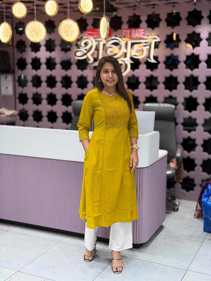 SHAGUN FASHION Anvita Brad Kurti Mustard Yellow Embroidered Cotton Kurti for Women - Everyday Wear