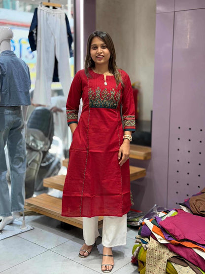 SHAGUN FASHION Anvita Brad Kurti Elegant Red Cotton Kurti with Ethnic Printed Yoke – Stylish Daily & Festive Wear