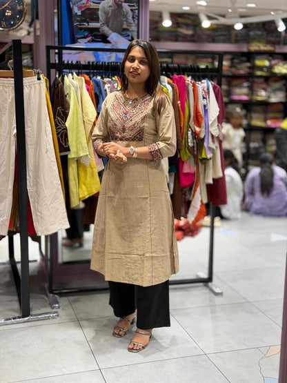 SHAGUN FASHION Anvita Brad Kurti Beige Ethnic Printed Cotton Kurti for Women with Traditional Neck Design