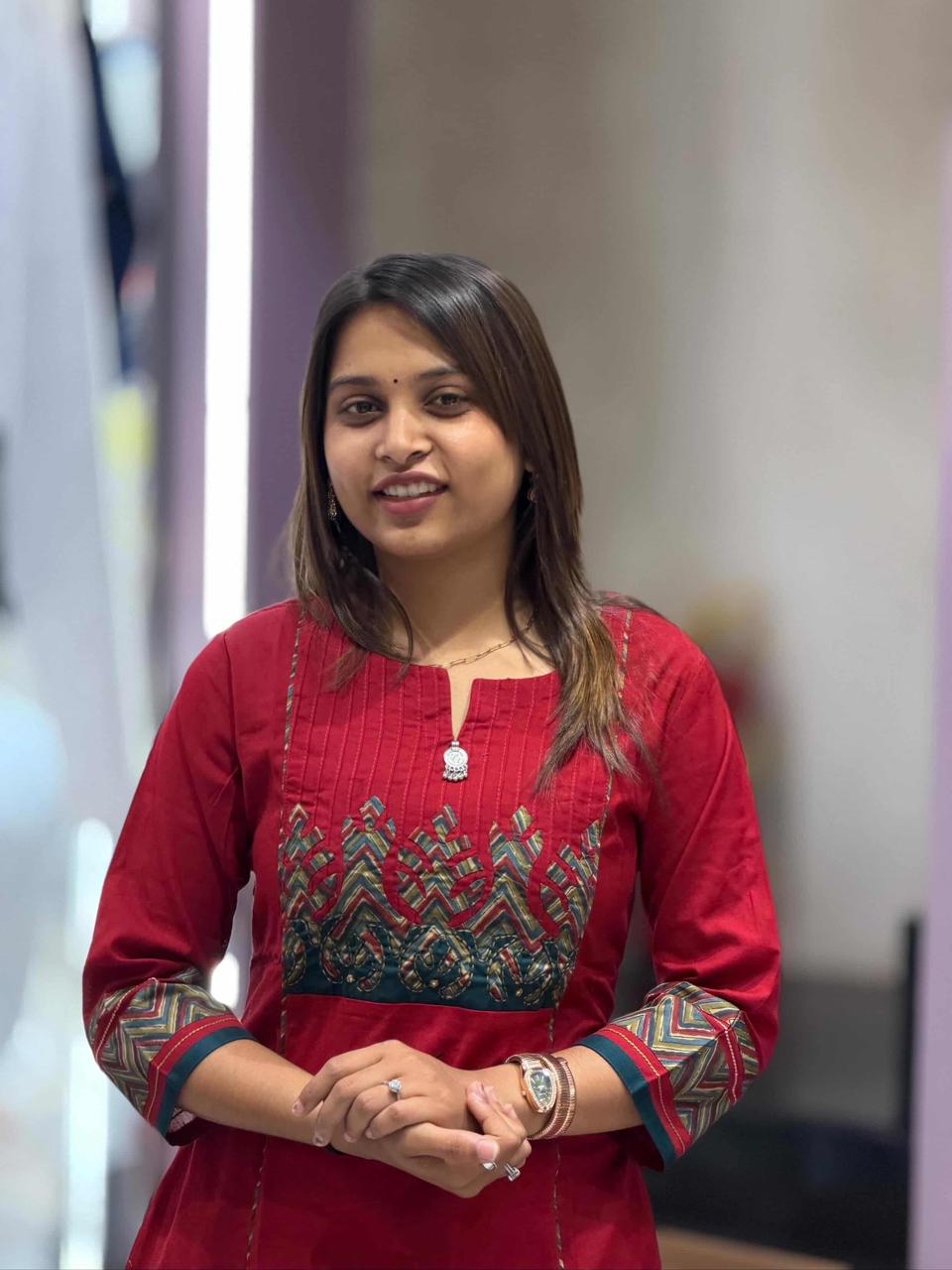 SHAGUN FASHION Anvita Brad Kurti Elegant Red Cotton Kurti with Ethnic Printed Yoke – Stylish Daily & Festive Wear