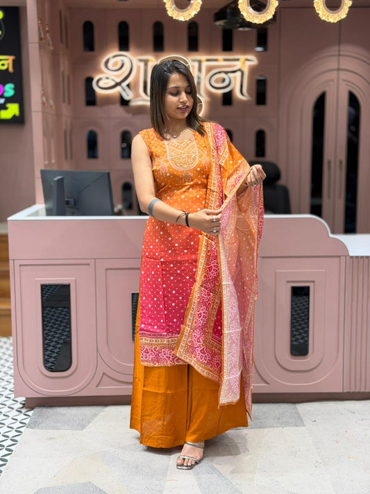 SHAGUN FASHION Vibrant Orange Bandhani Printed Kurta Set with Dupatta