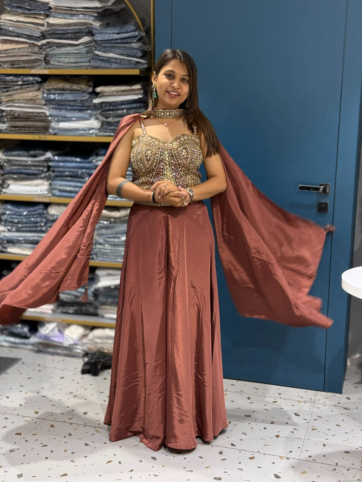 Embroidered Lehenga Set with Mirror Work Blouse & Dupatta