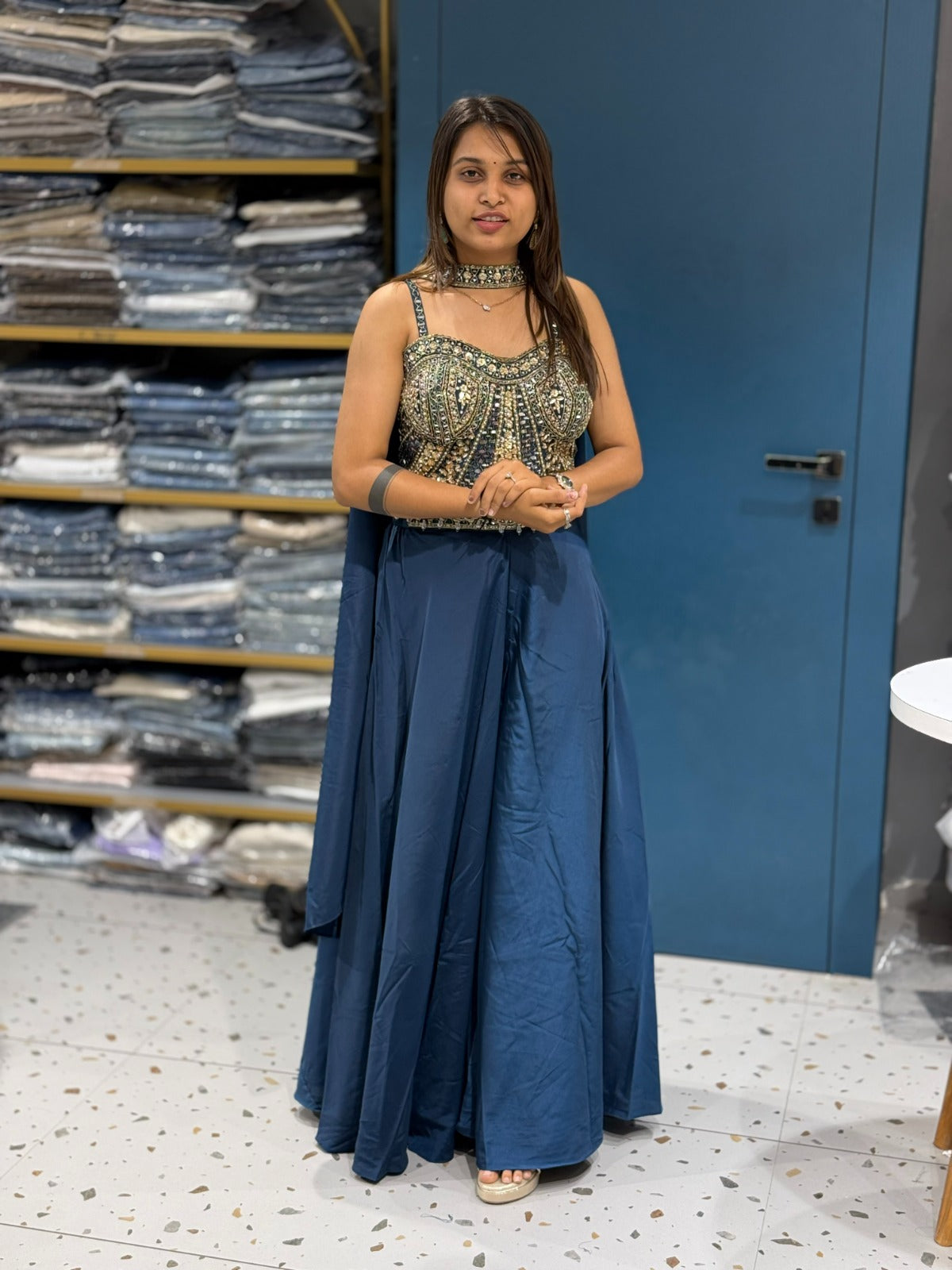 Embroidered Lehenga Set with Mirror Work Blouse & Dupatta