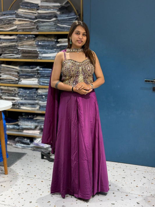 Embroidered Lehenga Set with Mirror Work Blouse & Dupatta