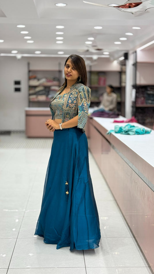 Women’s Teal Embroidered Lehenga Set with Designer Blouse & Jacket – Festive & Wedding Wear
