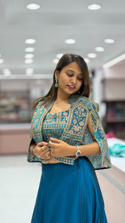 Women’s Teal Embroidered Lehenga Set with Designer Blouse & Jacket – Festive & Wedding Wear