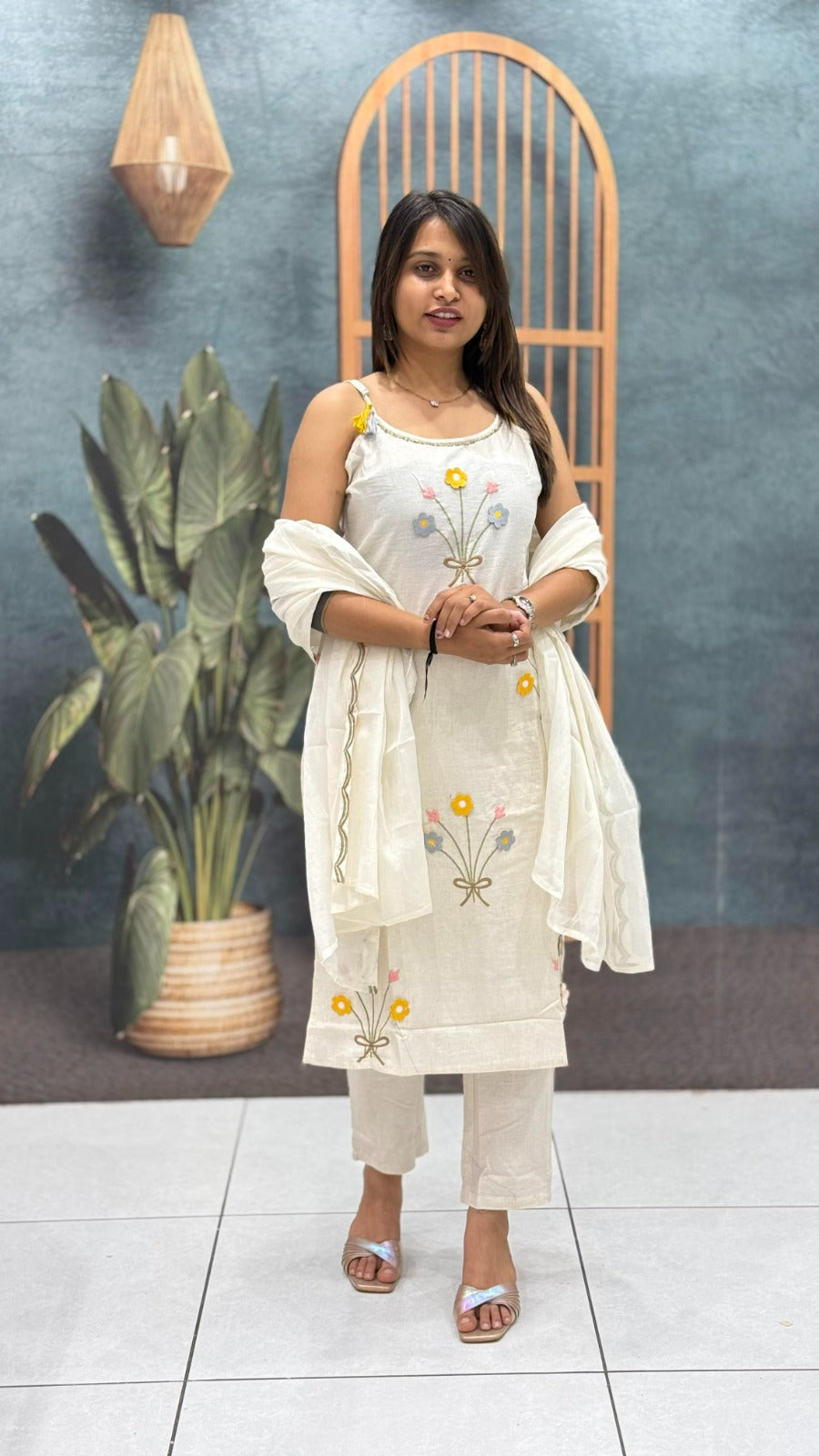 SHAGUN FASHION Ivory Floral Embroidered Cotton Kurta Set with Dupatta