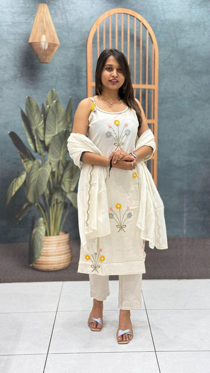 SHAGUN FASHION Ivory Floral Embroidered Cotton Kurta Set with Dupatta
