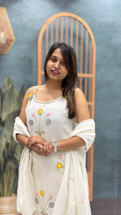 SHAGUN FASHION Ivory Floral Embroidered Cotton Kurta Set with Dupatta