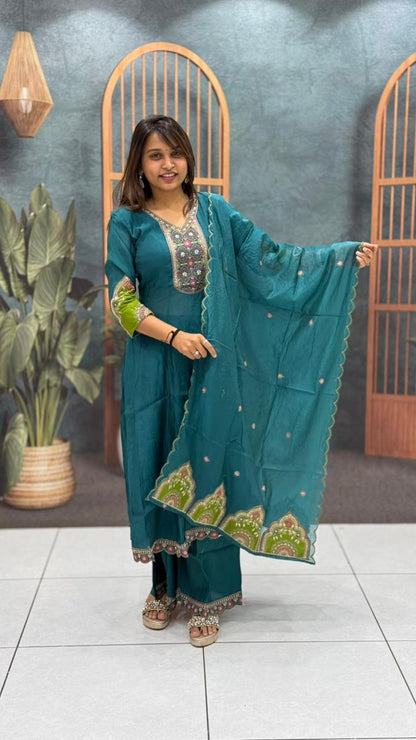 SHAGUN FASHION Teal Embroidered Kurta Set with Dupatta