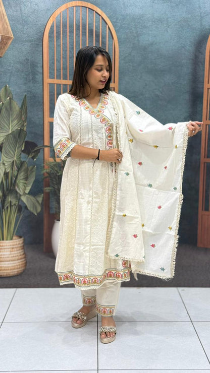 SHAGUN FASHION White Embroidered Cotton Kurta Set with Dupatta – Ethnic Summer Wear for Women