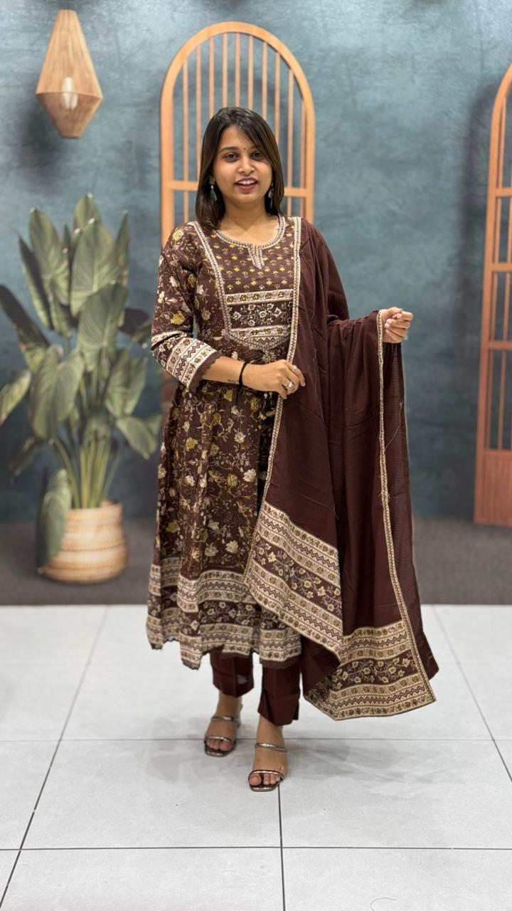 SHAGUN FASHION Brown Floral Printed Kurta Set with Dupatta – Ethnic Wear for Women