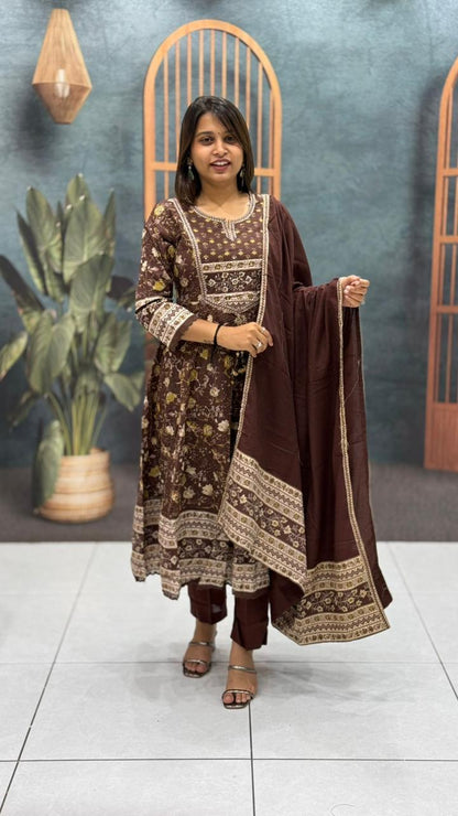 SHAGUN FASHION Brown Floral Printed Kurta Set with Dupatta – Ethnic Wear for Women