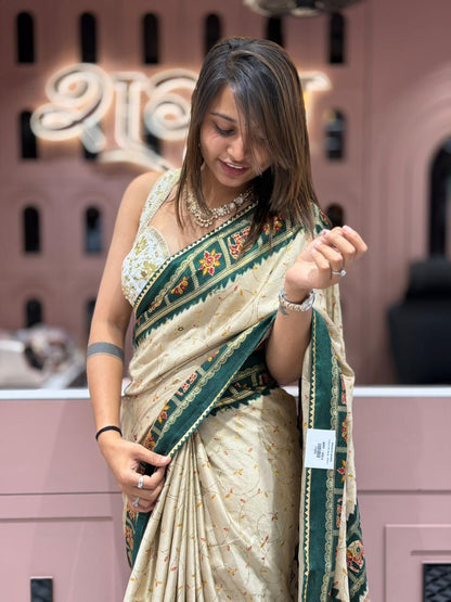 SHAGUN FASHION Beige Traditional Woven Saree with Contrast Border | Festive Ethnic Wear by Shagun Sarees