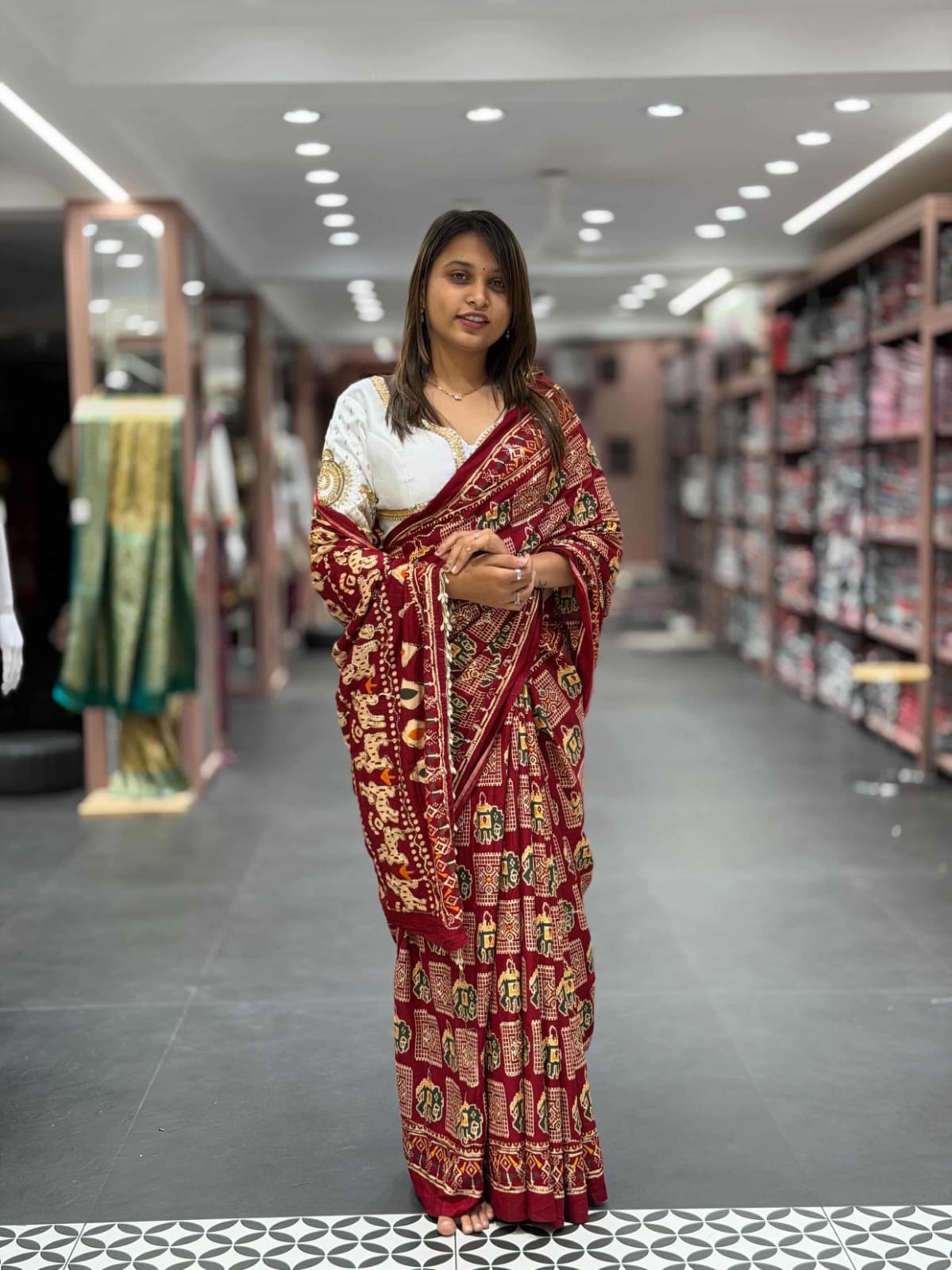 SHAGUN FASHION Traditional Red Ikat Style Saree with Ethnic Motifs | Festive Wear by Shagun Sarees